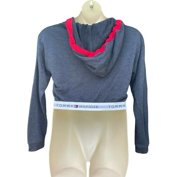 Tommy Hilfiger Logo Gray Cropped Hoodie Sweatshirt V-Neck Sz M Urban Outfitters - Picture 5 of 9